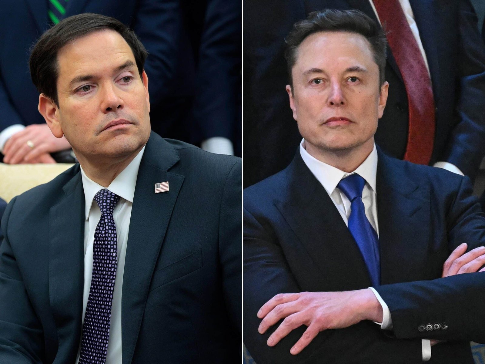 Photo: Secretary of State Frame Rubio is shown in the Oval Office of the White House, on February 24, 2025, in Washington, DC | Elon Musk is shown in the Capitol in Washington, DC, March 4, 2025.